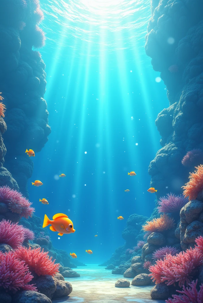 Viral anime nature wallpaper in 4K quality, in the style of Pixar 3D inspired by Finding Nemo, illustrating an underwater scene with vibrant coral reefs, colorful fish swimming around, and sunlight piercing through the water; bright and vivid color temperature, cosmos lighting with stars visible in the water surface, no human characters, the atmosphere is lively and magical --v 5 --stylize 1000