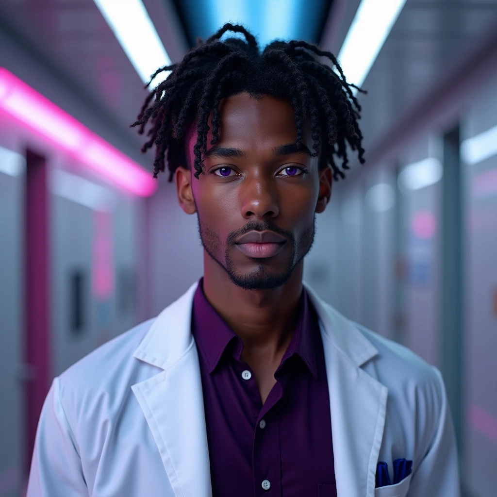 Photograph headshot, very tall French featured male model, medium length wavy-curl-wavy side parted hair, shaved, toned body, dark ebony skin, vibrant purple eyes, tall thin toned body. Gentle smile expression. Doctor coat, dark purple shirt, modern sci-fi hospital office.