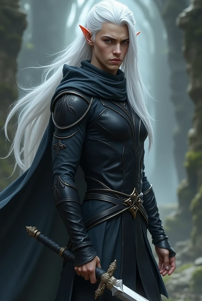 Young elf man with sword in hand and white hair, his clothes are black and his body is athletic, 3D art style
