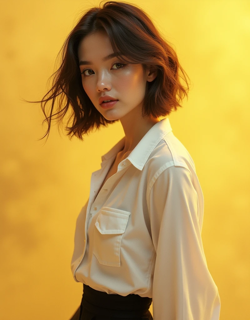 Realistic, beautiful woman pixie cut brown hair wearing white shirt and black pants,, smokey yellow on the background