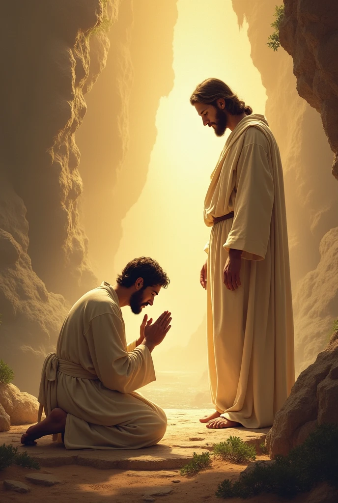 Un homme a genoux et devant il y a jésus christ qui sourit 