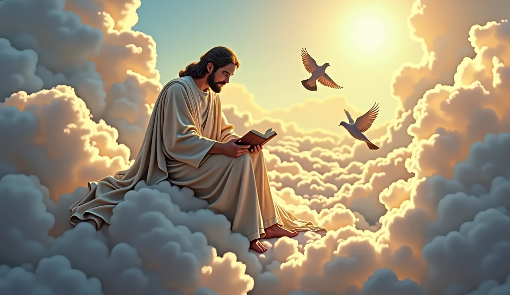 Jesus reading a book in the clouds with pigeons flying around, the lord and savior, JesusChrist, bible illustration, Young God Almighty, avatar image, biblical image, sat in his throne, religious imagery, accurate biblical angel, sua mente contemplando a eternidade, incredible, epic biblical representation, he has a treasure with him, beautiful image already created, jesus, beautiful representation