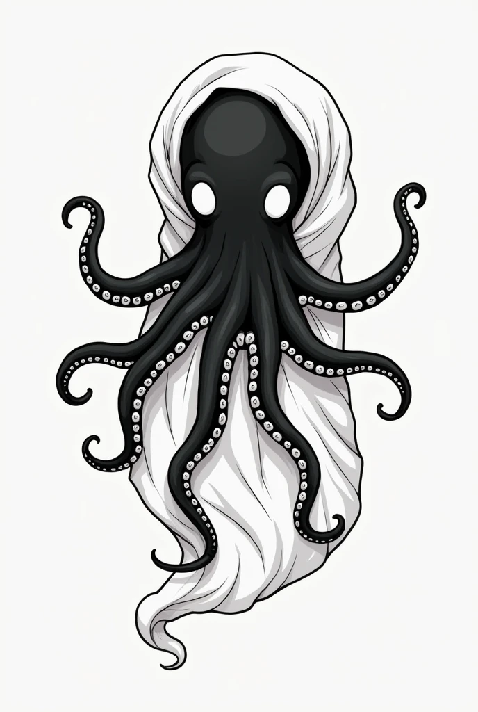 Logo video game company, an octopus wearing a bedsheet pretending to be a ghost, flat icon, black and white, black octopus, white bedsheet, cute cthulhu, ink illustration, 2d illustration 1.4, tattoo masterpiece, 