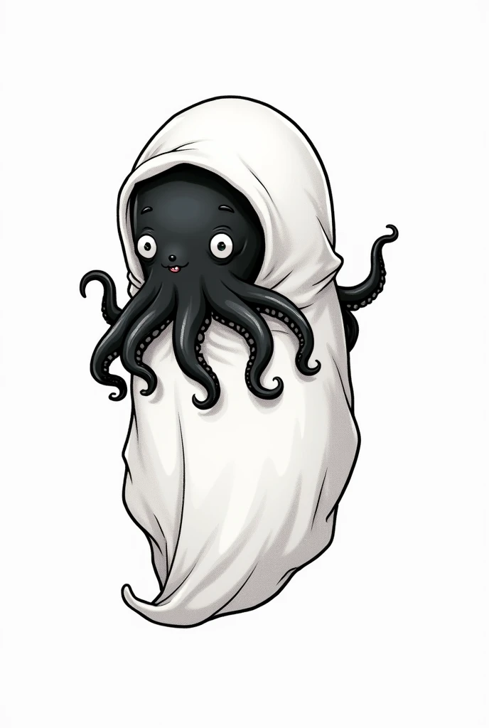 Logo video game company, an octopus wearing a bedsheet pretending to be a ghost, flat icon, black and white, black octopus, white bedsheet, cute cthulhu, ink illustration, 2d illustration 1.4, tattoo masterpiece, 