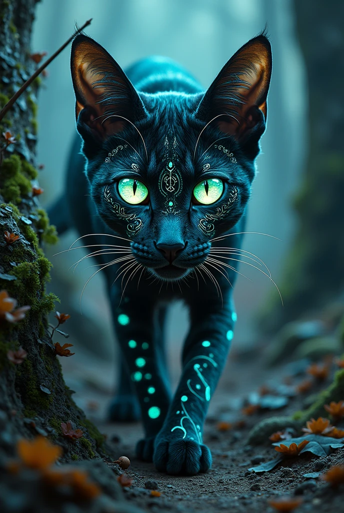 Create an intricate full-length oriental shorthair cat, walking in an apocalyptic setting that combines several unique elements. The face features an integrated bioluminescent tribal pattern that glows in the dark, giving it a steampunk aesthetic. Nature themes are present with delicate vines and leaves weaving through the design, adding an organic touch. Gothic ornate filigree enhances the edges, creating an antique and haunting look. The mask also includes cyberpunk LED lights and holographic displays, giving it a sleek and futuristic look. Additionally, celestial themes with star and moon patterns are subtly engraved, representing a cosmic influence. This mask is a perfect combination of primary, mystical and technological elements.