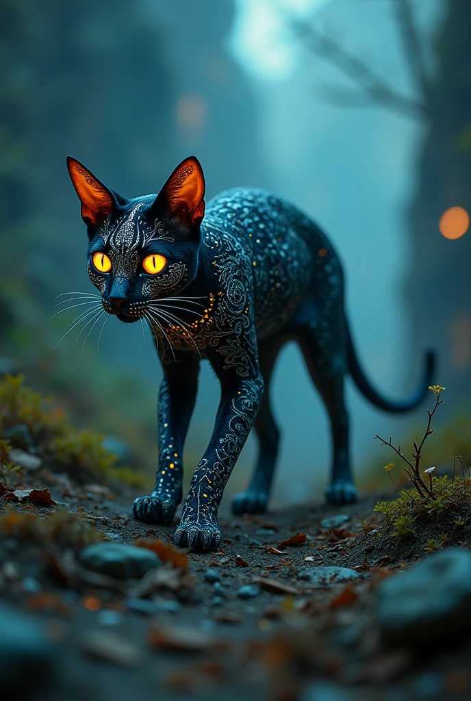 Create an intricate full-length oriental shorthair cat, walking in an apocalyptic setting that combines several unique elements. The face features an integrated bioluminescent tribal pattern that glows in the dark, giving it a steampunk aesthetic. Nature themes are present with delicate vines and leaves weaving through the design, adding an organic touch. Gothic ornate filigree enhances the edges, creating an antique and haunting look. The mask also includes cyberpunk LED lights and holographic displays, giving it a sleek and futuristic look. Additionally, celestial themes with star and moon patterns are subtly engraved, representing a cosmic influence. This mask is a perfect combination of primary, mystical and technological elements.