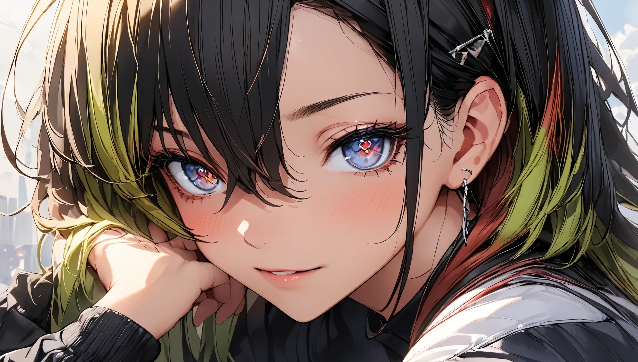 1 Girl, multicoloRed hair, Colored undercoat, Black Hair, Red hair, Blue Hair, Green Hair, Symbol-shaped pupil, Super Detail, High Detail, high quality, The award-winning, best quality, high resolution