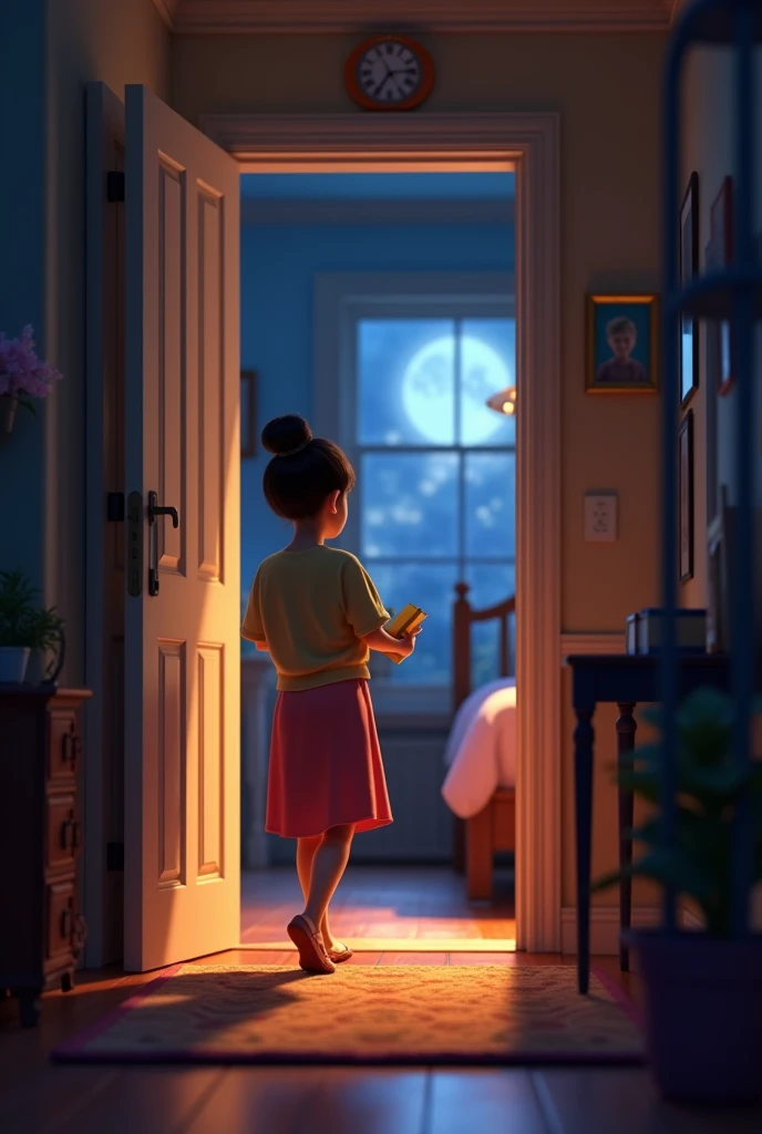 Create a Pixar style image of a night scene of a young mother coming out of her sleeping daughter&#39;s room with a yellow book in her hands