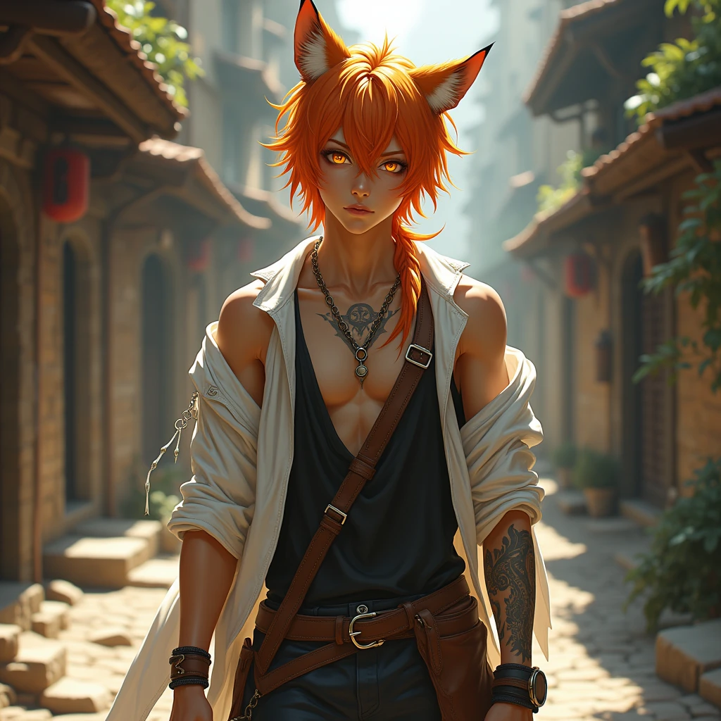 handsome tall 1 boy with orange medium hair and lower ponytail and yellow eyes and fox ears, brown skin, tribal tattoo, off shoulder white jacket, black sleeveless shirts with crossed body leather belt, leather sandal, necklace, standing on the messy backstreet of medieval city, sunlight, soft focus, high quality, realistic background, adding depth and richness to the scene