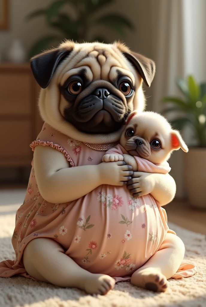 Create a video of a pug wearing maternity clothes holding little puppy wearing baby clothes like humans do, realistic, real, high resolution details, full picture like real