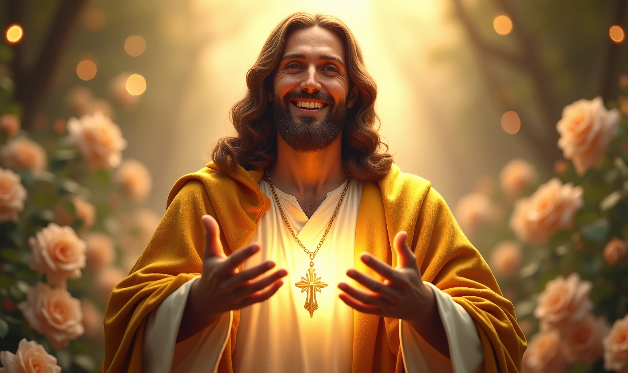 Ultra realistic Christ smiling with a loving face with his hands in a gesture of welcoming the viewer with open arms, chic velvet gold cape. his heart is ultra radiant, loving, shining eyes to the viewer, of light to convey depth and white rose garden background, many lights coming from the sky