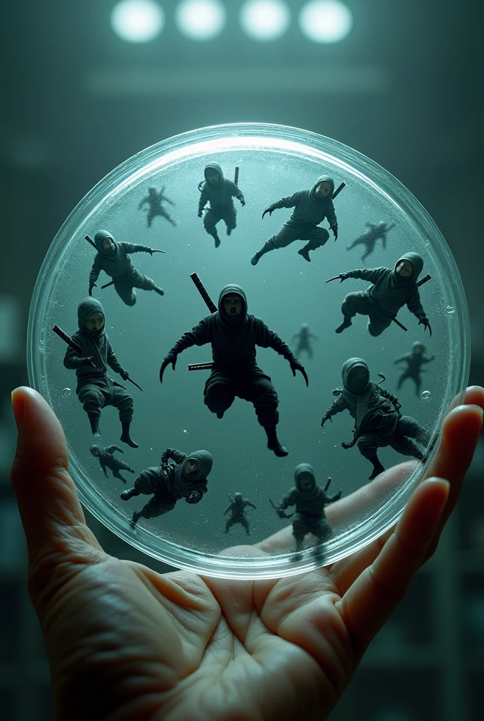 32 miniature ninjas camouflaging inside a petri dish
