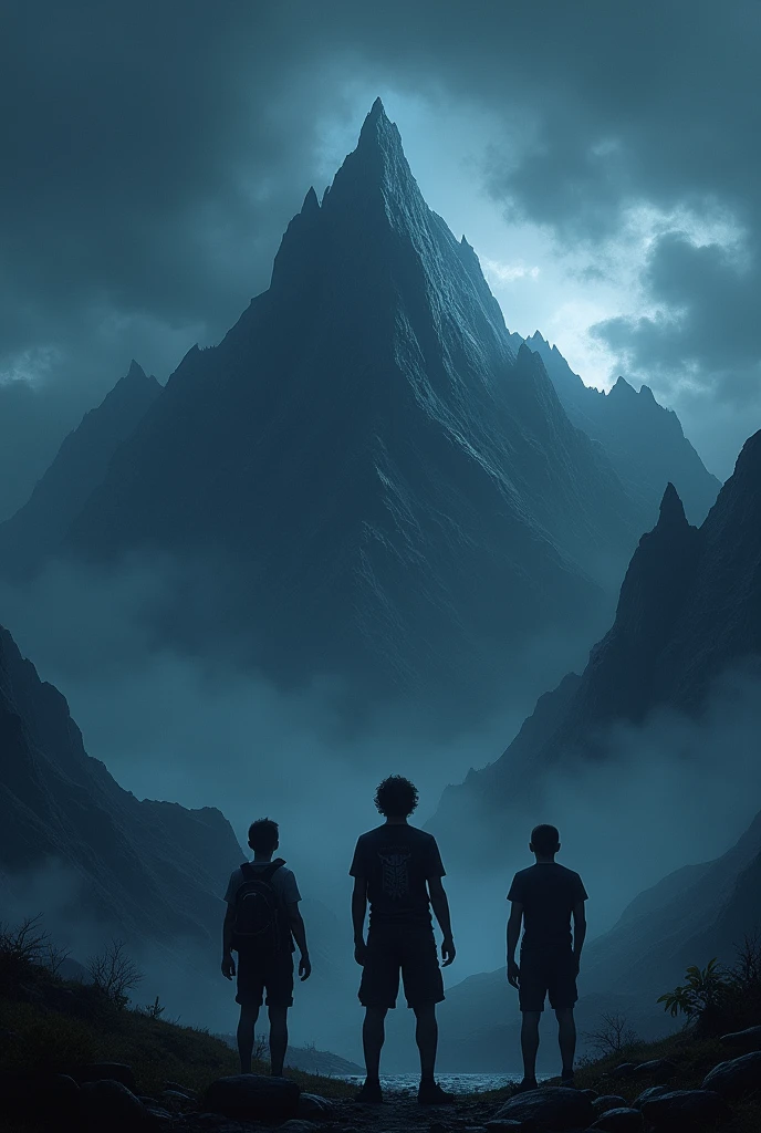 Three young men in front of a terrifying mountain at night
