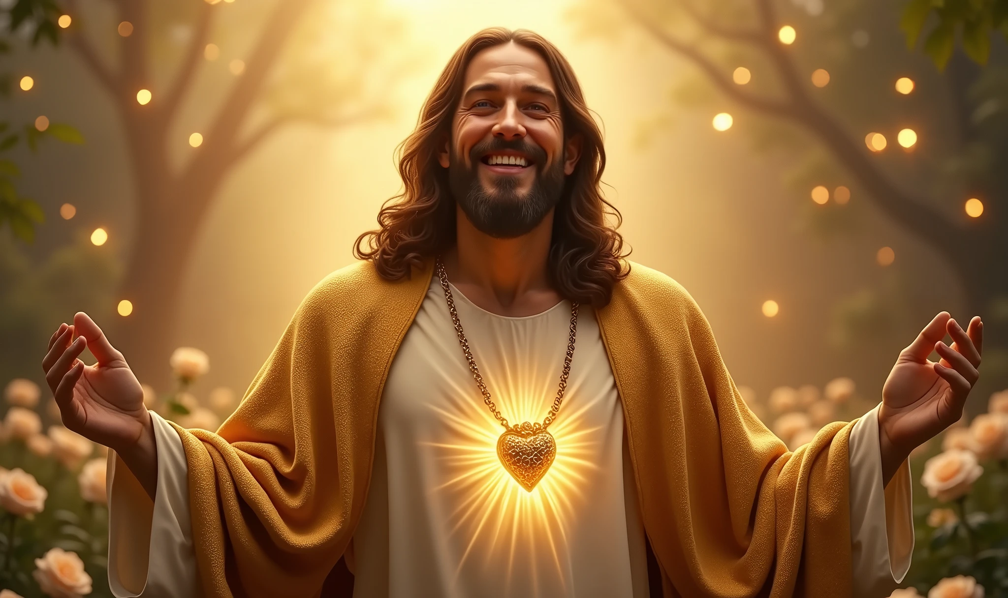 Ultra realistic Christ smiling with a loving face with his hands in a gesture of welcoming the viewer with open arms, chic velvet gold cape. his heart is ultra radiant, loving, shining eyes to the viewer, of light to convey depth and white rose garden background, many lights coming from the sky