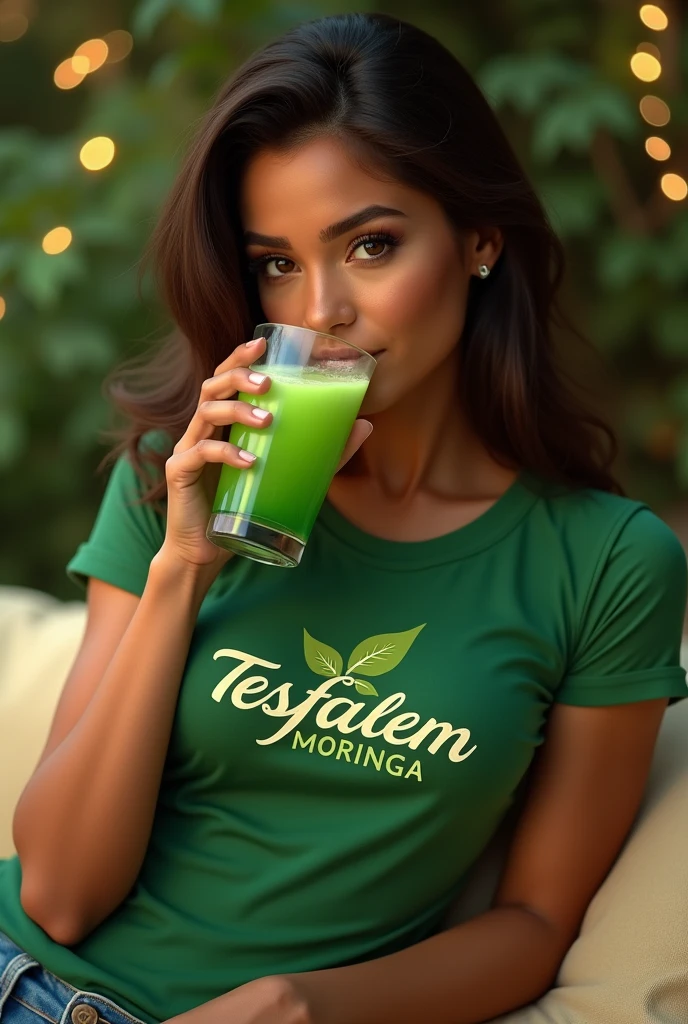 Hot sexey woman drinking moringa wearing Tesfalem moringa t-shirt