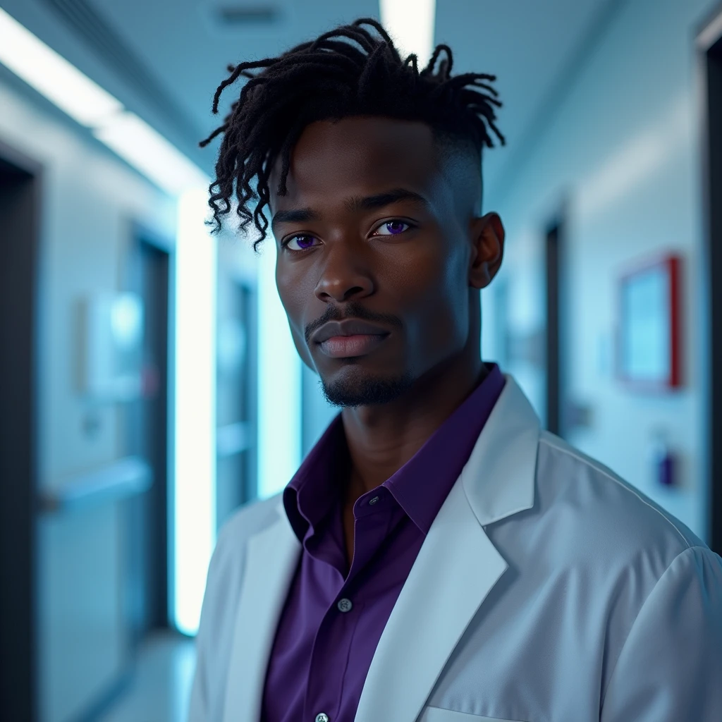 Photograph headshot, very tall French featured male model, medium length wavy-curl-wavy side parted hair, shaved, toned body, dark ebony skin, vibrant purple eyes, tall thin toned body. Gentle smile expression. Doctor coat, dark purple shirt, modern sci-fi hospital office.