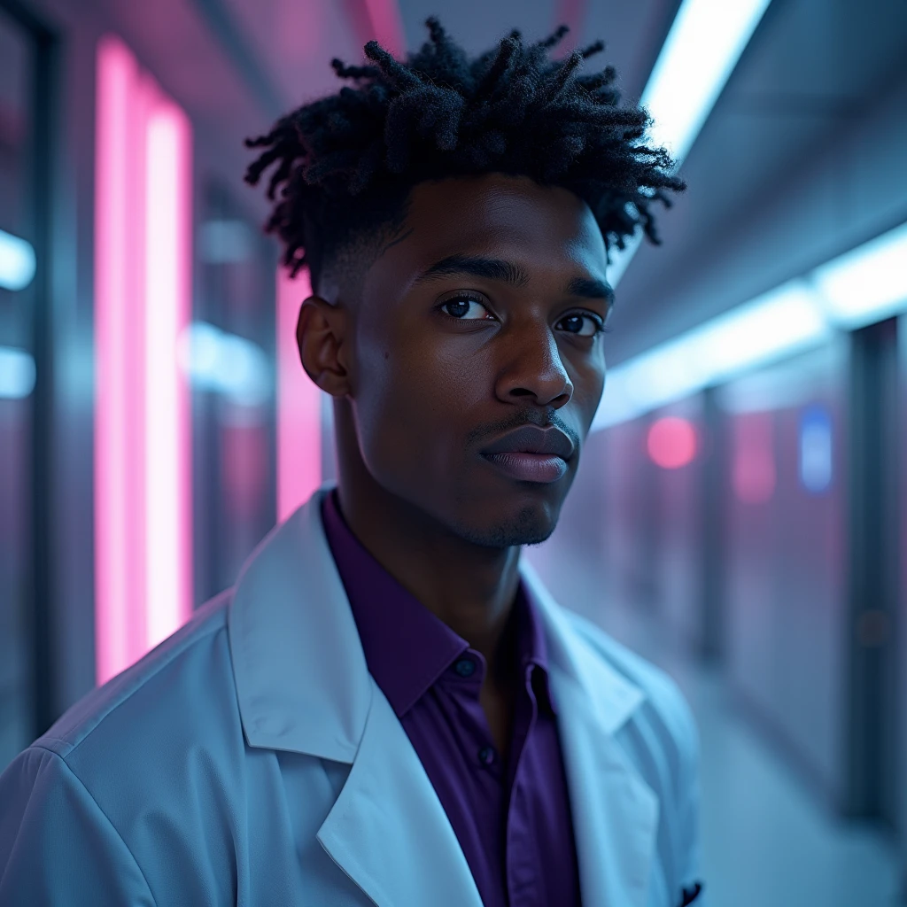 Photograph headshot, very tall French featured male model, medium length wavy-curl-wavy side parted hair, shaved, toned body, dark ebony skin, vibrant purple eyes, tall thin toned body. Gentle smile expression. Doctor coat, dark purple shirt, modern sci-fi hospital office.