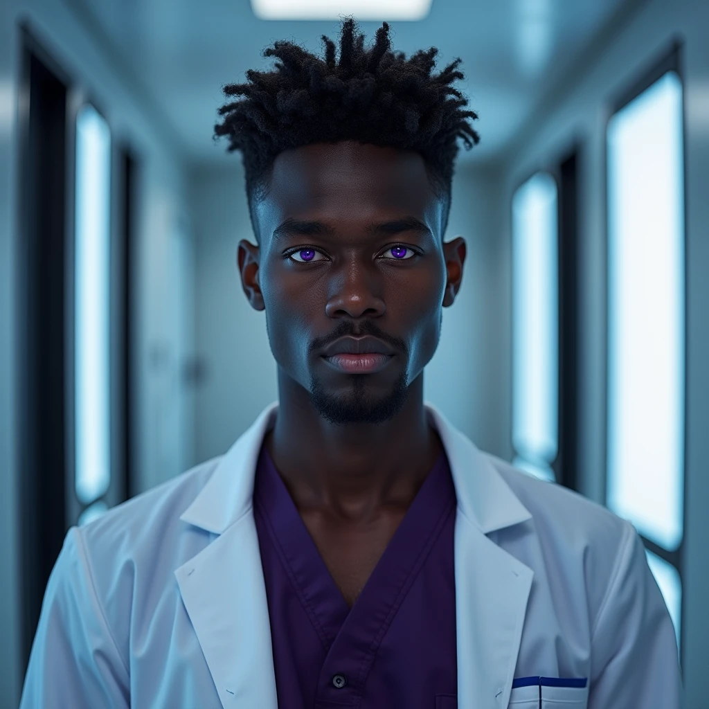 Photograph headshot, very tall French featured male model, medium length wavy-curl-wavy side parted hair, shaved, toned body, dark ebony skin, vibrant purple eyes, tall thin toned body. Gentle smile expression. Doctor coat, dark purple shirt, modern sci-fi hospital office.