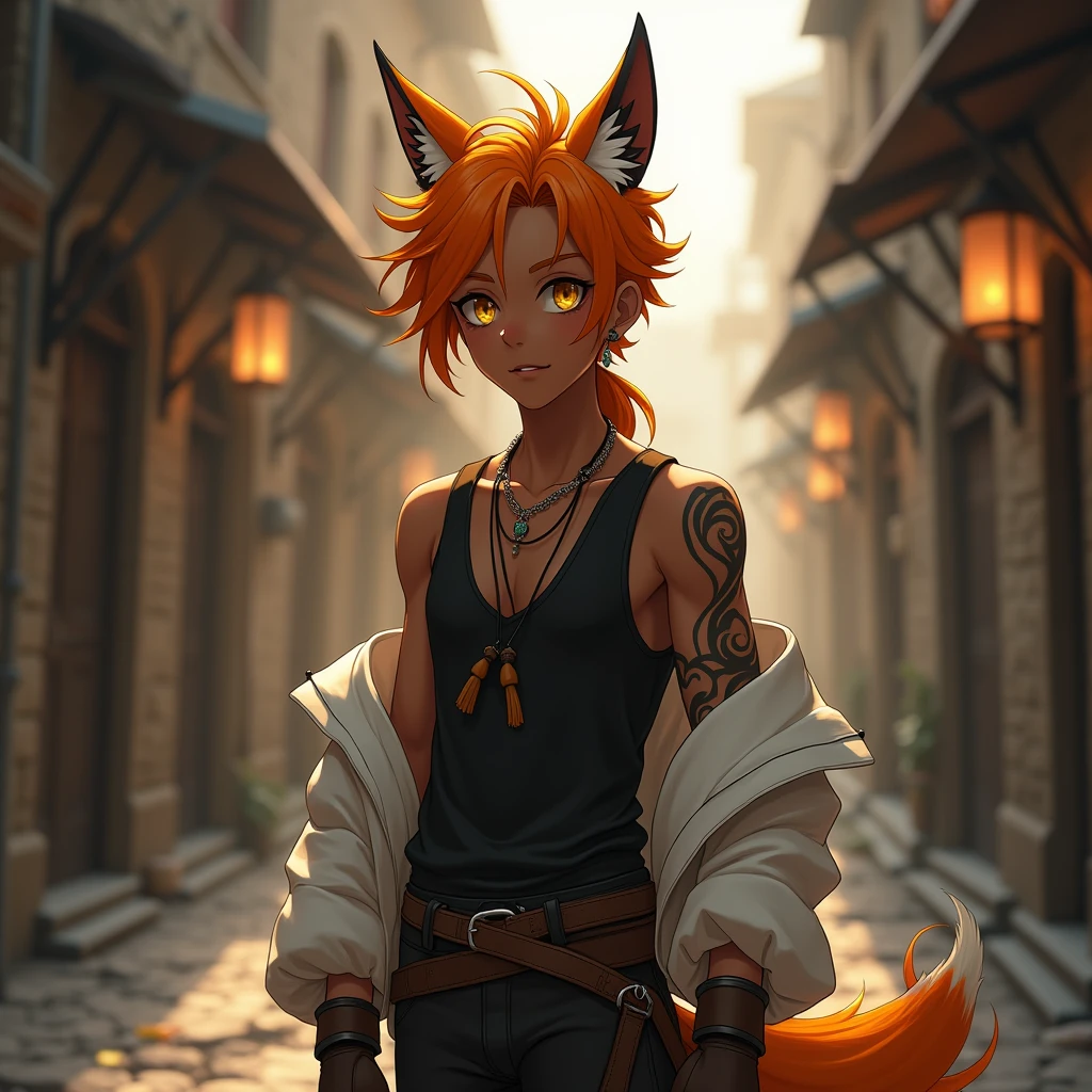 handsome 18yrs old 1 boy with orange medium hair and lower ponytail and yellow eyes and fox ears, dark skin, tribal tattoo, off shoulder white jacket, black sleeveless shirts with crossed body leather belt, leather sandal, necklace, standing on the messy backstreet of medieval city, sunlight, soft focus, high quality, realistic background, adding depth and richness to the scene