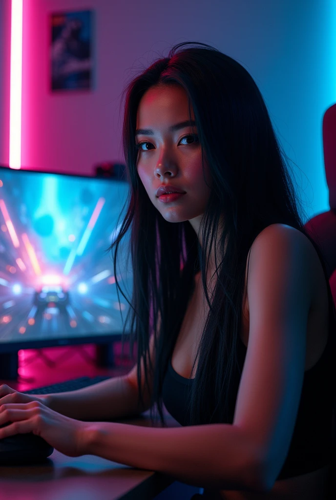 INSTAGRAM MODEL , with long straight black hair ,"Game on!" - My hands are steady and my heart races as I prepare for another intense gaming session. The screen lights up before me, reflecting the anticipation in my eyes. I'm ready to dominate this virtual world, using all my skills and strategy to emerge victorious , full body view