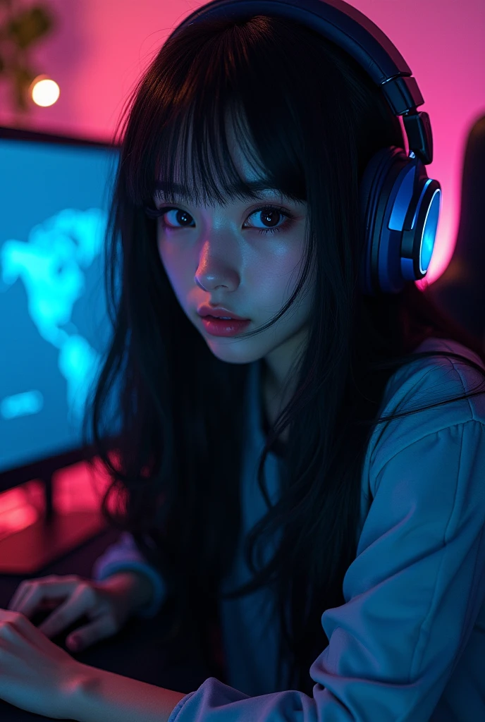 INSTAGRAM MODEL , with long straight black hair ,"Game on!" - My hands are steady and my heart races as I prepare for another intense gaming session. The screen lights up before me, reflecting the anticipation in my eyes. I'm ready to dominate this virtual world, using all my skills and strategy to emerge victorious , full body view