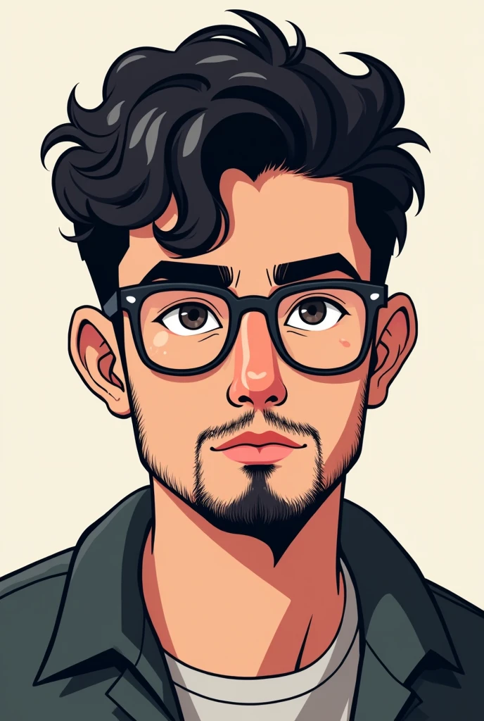 Create a logo for a YouTube channel of a young man with curly hair, with a goatee (without a full beard), and glasses.