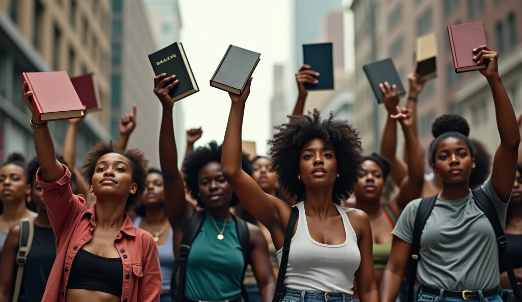 black people and white people protesting by raising books in their hands 
