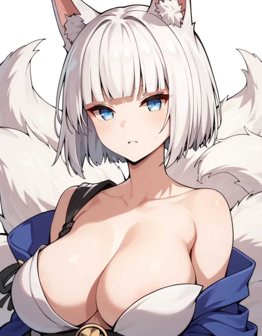1 girl, Kaga \(azur lane\), fox girl, blue eyes, white hair, short hair, blunt bangs, white fox ears, white fox tail, multiple tails, large breasts,
