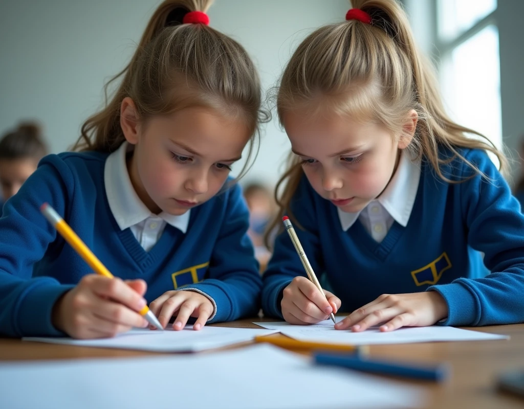 Developing cultural and intellectual skills, education according to the curricula prescribed for students ,  receiving information in the classroom, a close-up picture of a 2  swedish  students  wearing a  blue  uniforms  sitting on a school desk, performing school assignments