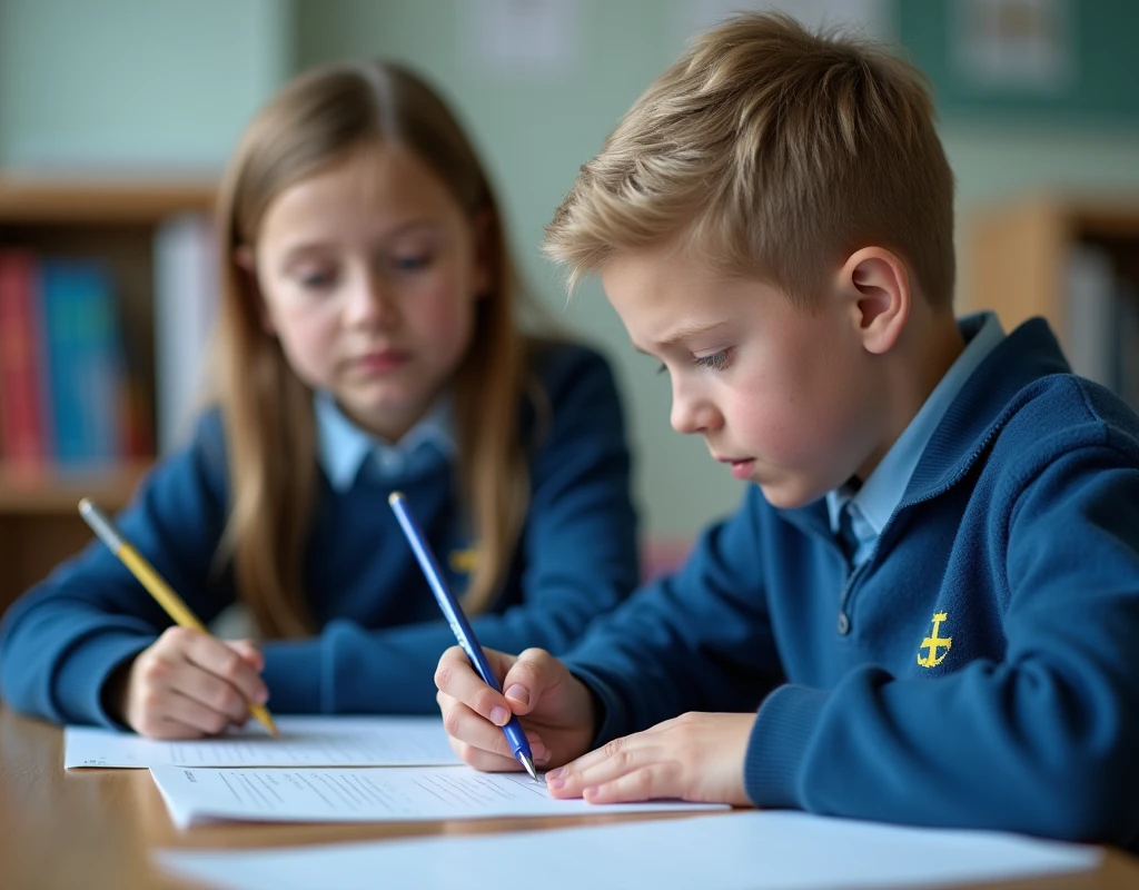 Developing cultural and intellectual skills, education according to the curricula prescribed for students , receiving information in the classroom, a close-up picture of a 2 swedish students wearing a blue uniforms sitting on a school desk, performing school assignments