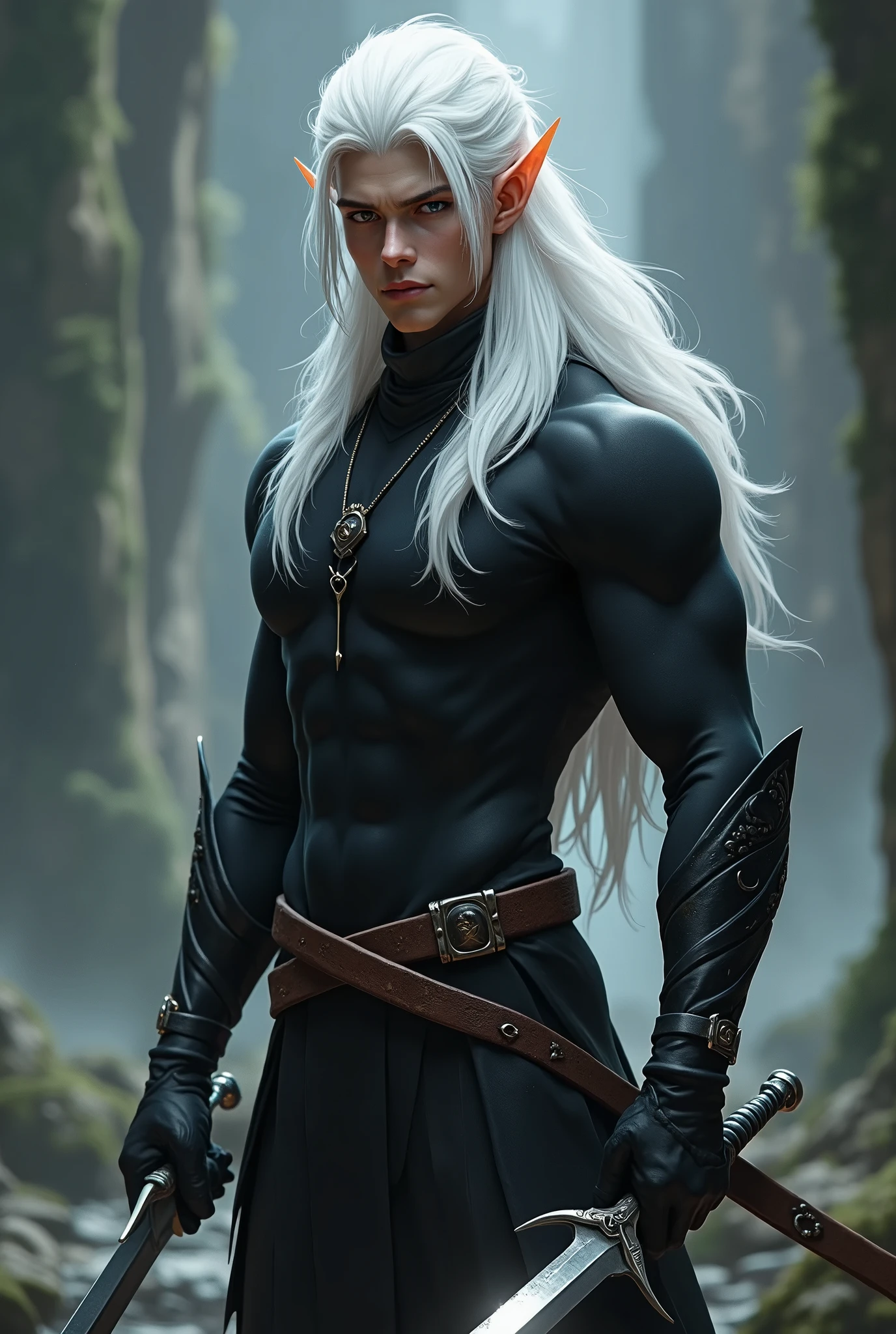 Young elf man with sword in hand and white hair, his clothes are black and his body is athletic, 3D art style