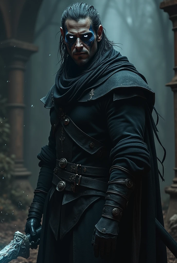 A 20 year old angry European warrior male with long buzzing hair and no beard, luminous white eyes, and a scary black all face with luminous veins, wearing a full black outfit, holding a magical fragmented sword, standing in a dark place and looking to the left