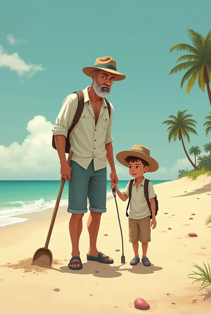 Un homme et son fils font de la détection de métaux sur la plage avec des détecteurs de métaux 