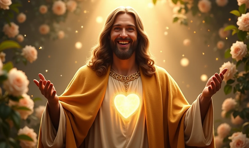 Ultra realistic Christ smiling with a loving face with his hands in a gesture of welcoming the viewer with open arms, chic velvet gold cape. his heart is ultra radiant, loving, shining eyes to the viewer, of light to convey depth and white rose garden background, many lights coming from the sky