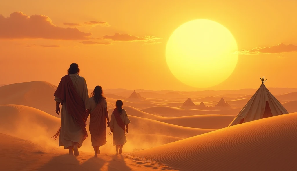 A scene of Abraham and his family walking through a desert, with tents in the background. The desert is vast, with dunes and a scorching sun. The emotion is one of determination and faith. Colors are warm, with shades of orange and yellow.