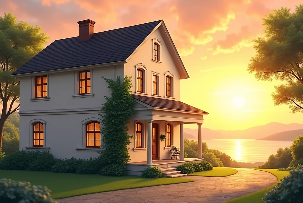 House, two floors, cream paint, ivy on an exterior wall, plain, Sunset, Beautiful.