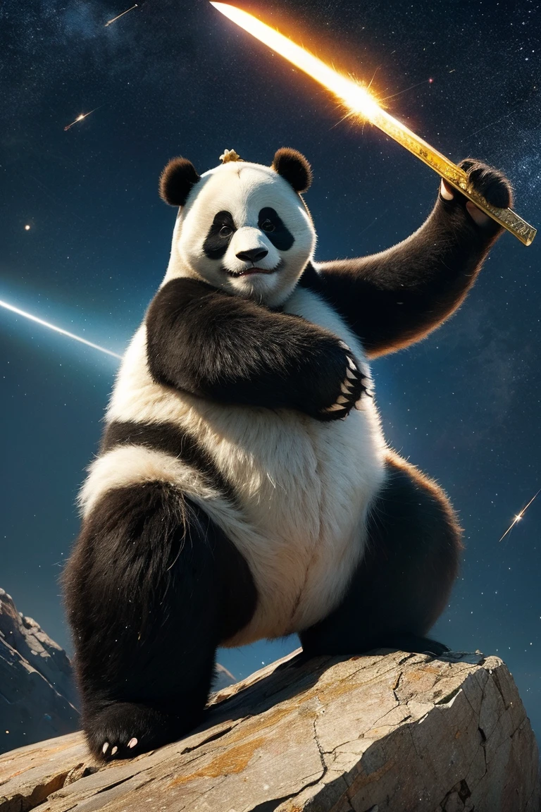 Highest quality, masterpiece, Realistic, High resolution, 8K RAW Photos, 1 person、Long Hair、goddess、Holding a decorated sword、Raise your sword、Glamour、(White bodysuit with panda motif、Gold Edge)、pendant、Earrings、(Action pose)、(On a rock on a planet where you can see a meteor shower)、(Many tentacles floating in the starry sky）、Panda Shield、Panda Missile、Panda Sword、Panda Armor、Attack with Panda、パンダの戦闘goddess、horn、