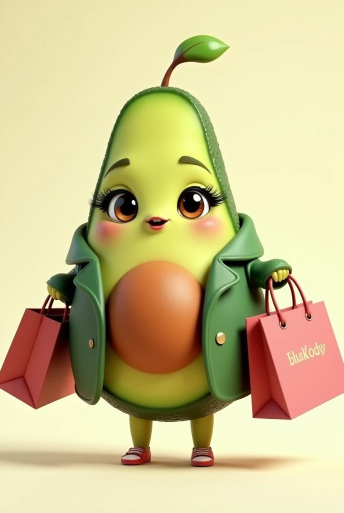Animated avocado logo with cute face and eyelashes, chic clothes and shopping bags