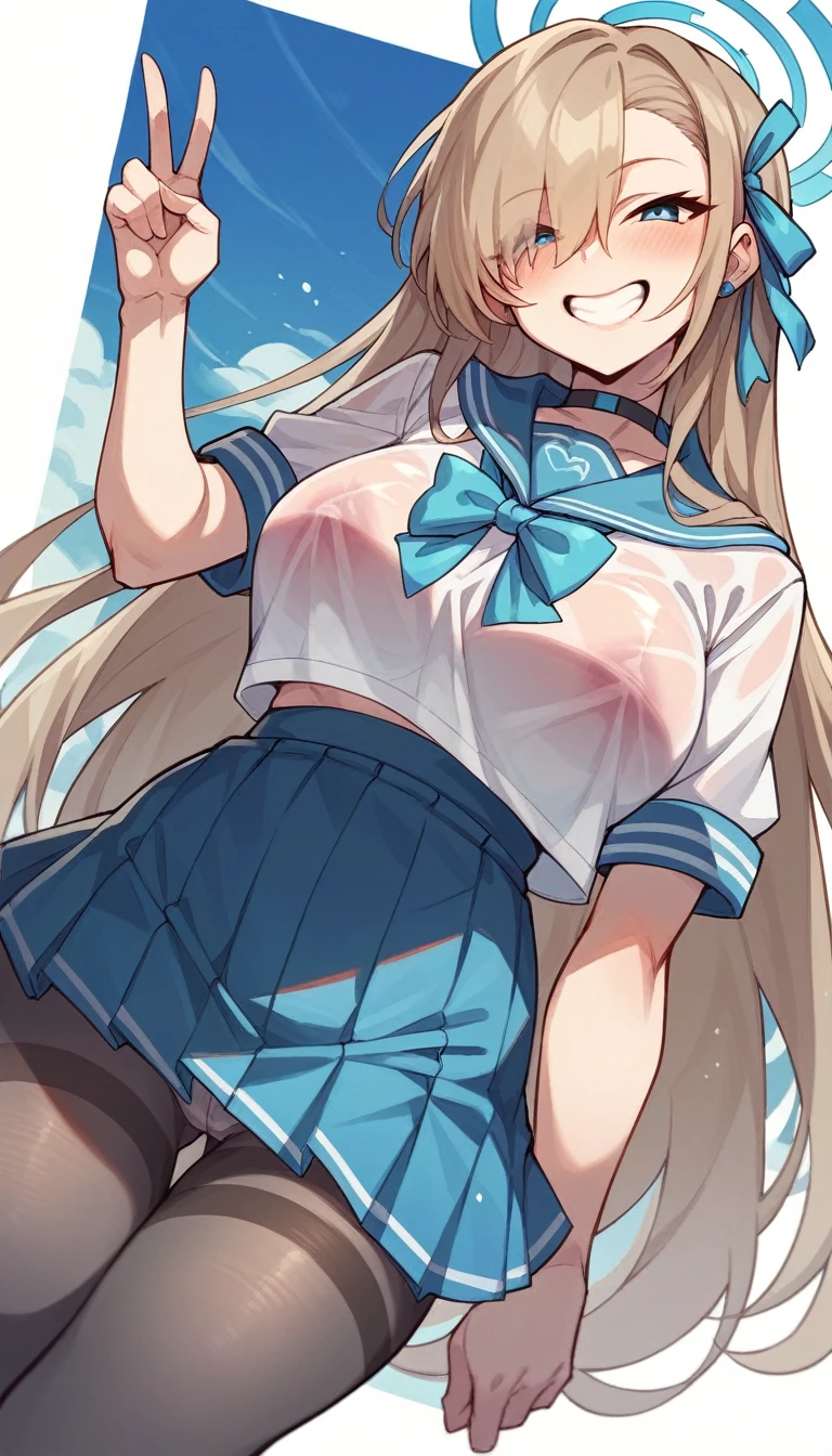 A full chest、stand、peace sign、Grin、Sailor suit、Black tights、Blue Archive、Asuna、See-through clothing、I can see your underwear