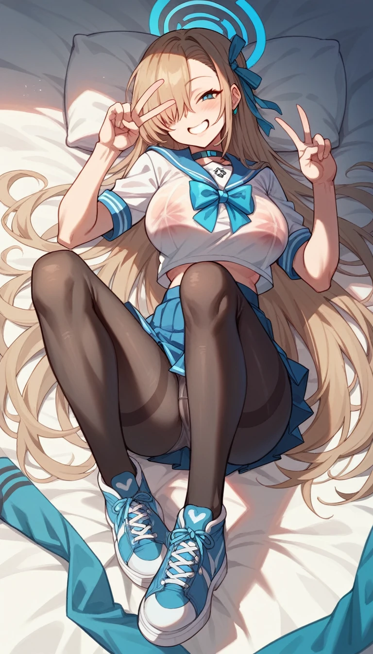 A full chest、stand、peace sign、Grin、Sailor suit、Black tights、Blue Archive、Asuna、See-through clothing、I can see your underwear