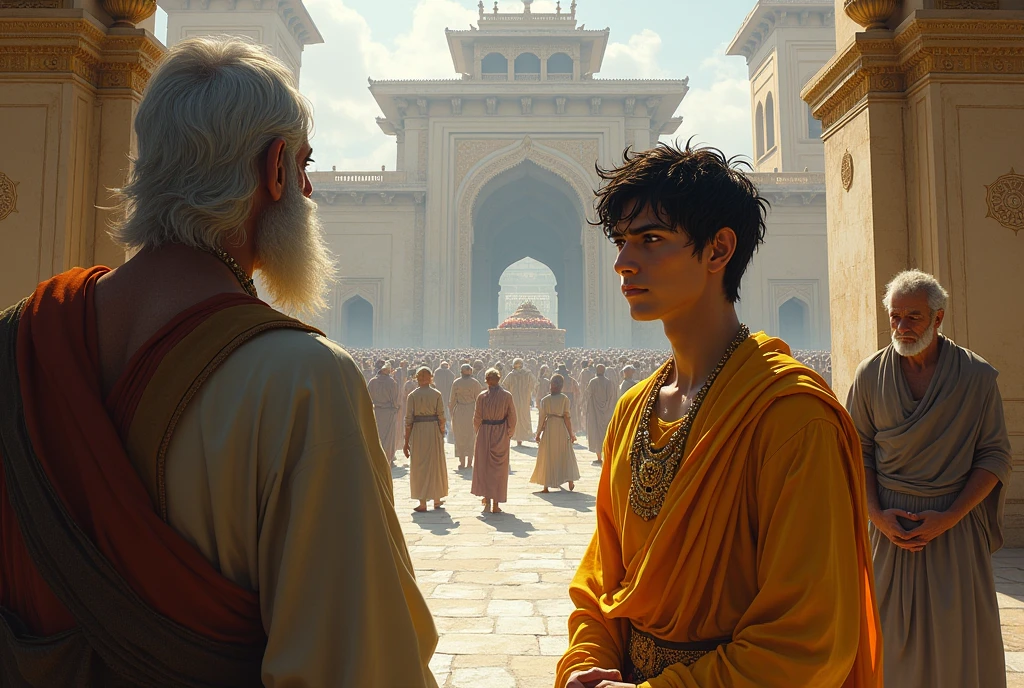 Image of a young prince (Siddhartha) Outside the palace, looking at a dead person in a funeral home,A bent old man and a beggar .