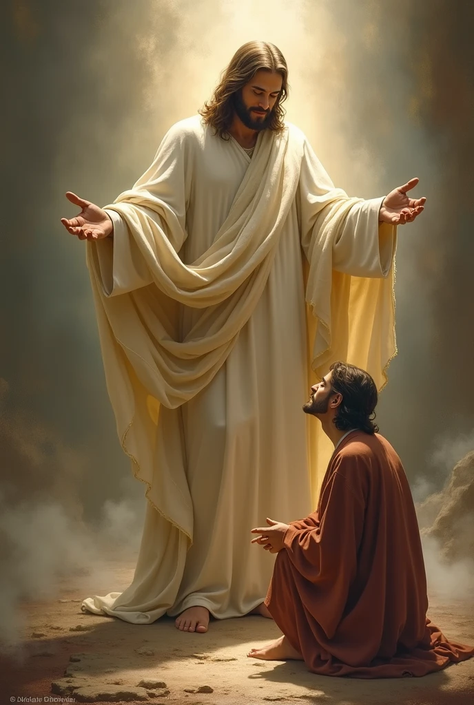 Un homme a genoux et devant il y a jésus christ avec 2 trou dans les mains 