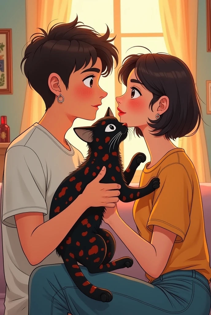 Fais moi une illustration d'un jeune couple avec un chat. Un dessin qui représente un jeune homme, cheveux court, châtain foncé, boucle d'oreille, barbe courte et une femme, coupe au carré, piercing au nez. Ils ont un chat, noir tacheté roux qui a la queue coupé