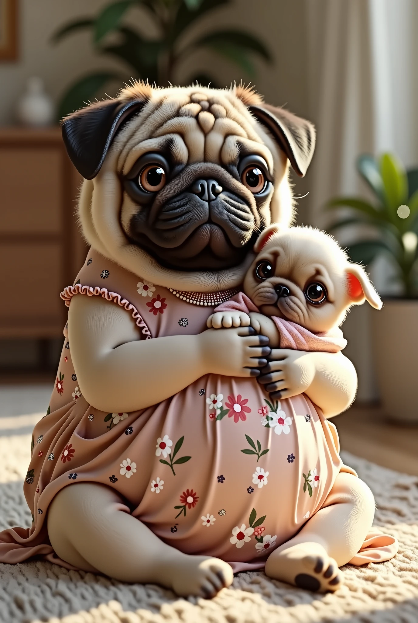 Criar imagem tipo Pixar de uma mulher brasileira, cabelo castanho, five months pregnant, holding a French Bull dog in caramel color