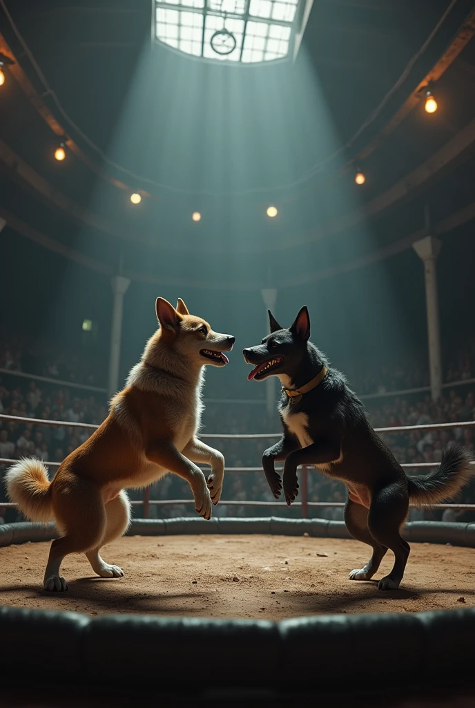 Generate an image of a good dog facing a bad dog in a ring