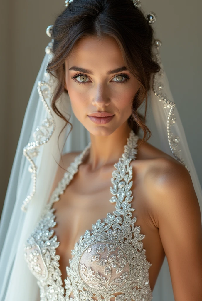 European woman model with hairstyle and veil wearing extremely luxurious halter wedding dress with diamonds.  