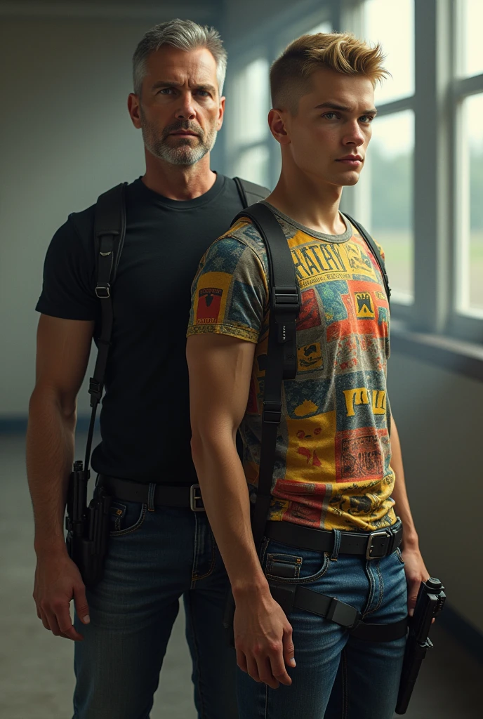 ​masterpiece, realisti, 2 German commissioners standing diagonally behind each other, 1 man very tall standing behind 4 greyish thin hair jeans and black shirt blue eyes on the side a gun in the holster on the pants, 1 man 20 years old, tall, well-built, standing in front of the other man, blonde hair shaved on the sides and combed to the side, blue eyes, distinctive face with a narrow nose, white, colorfully printed t-shirt with jeans and a gun on the side in a holster on his pants,  