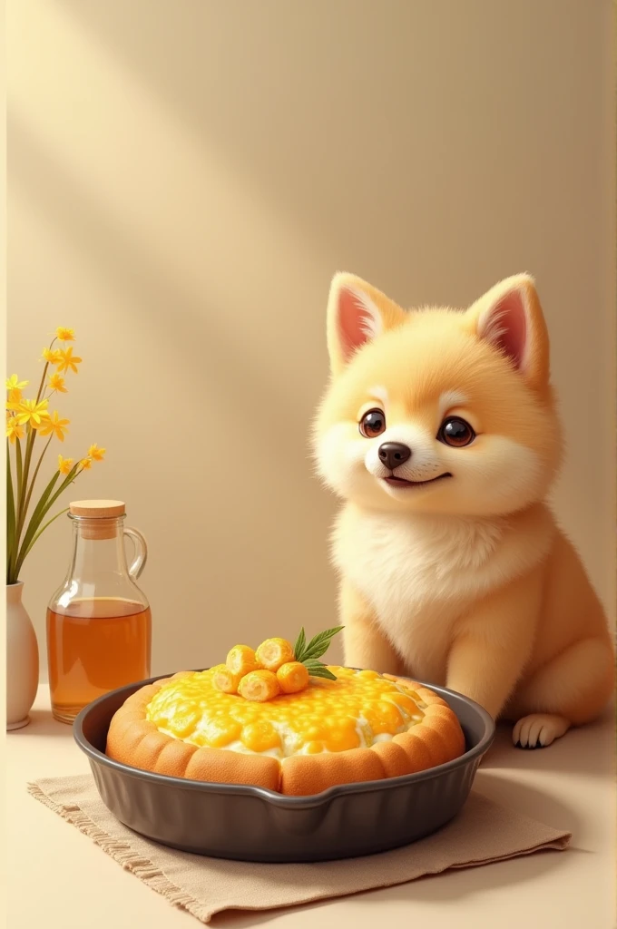 Create an image of a corn cake made in a round pan next to a beige German Spitz