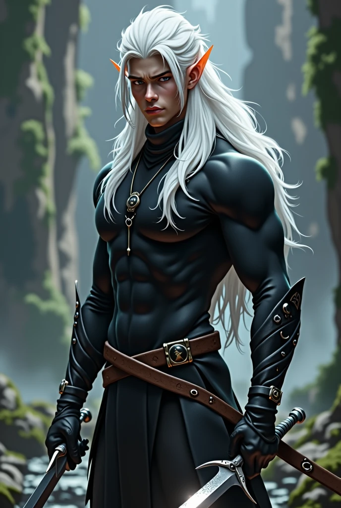 Young elf man with sword in hand and white hair, his clothes are black and his body is athletic, 3D art style