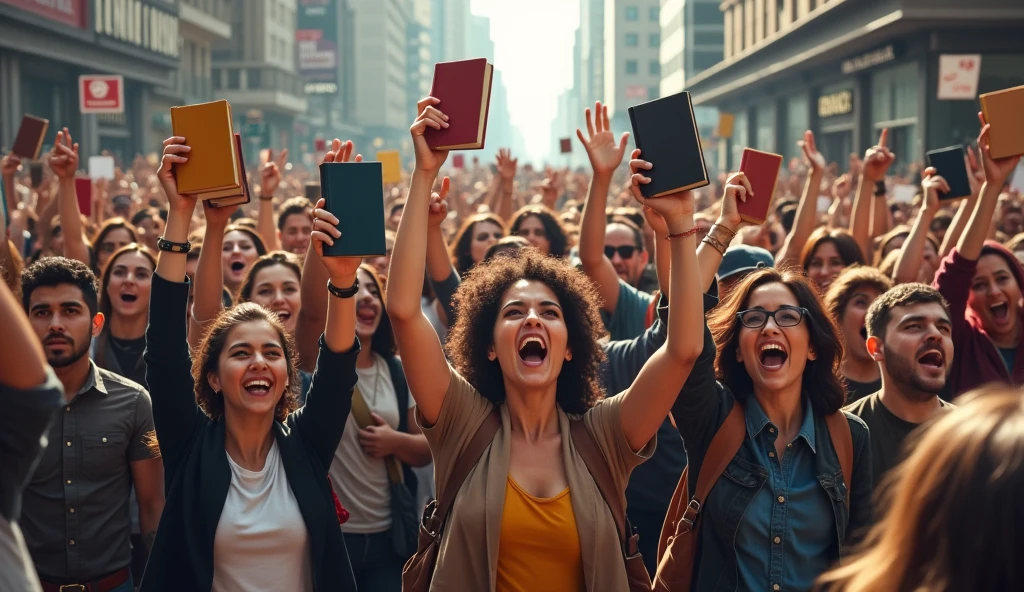 people of various ethnicities protesting by raising books in their hands